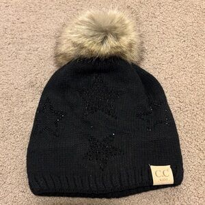 C.C Kids Black Star Beanie with Faux Fur Pom